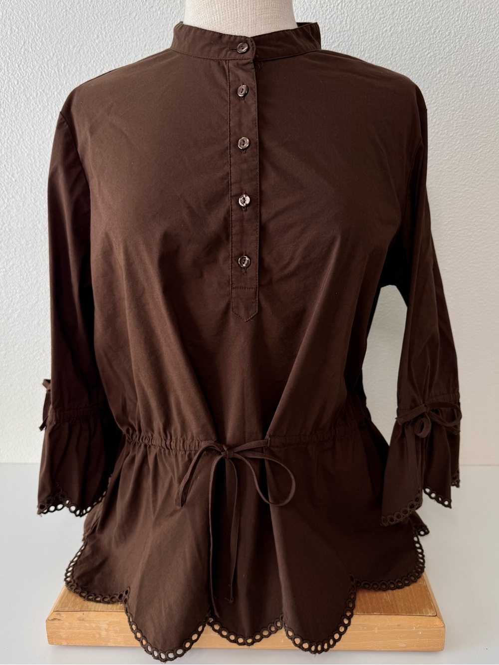 Apostrophe Stretch Brown Eyelet Trim Peplum Blouse Size L (14-16) Mock Neck Boho
